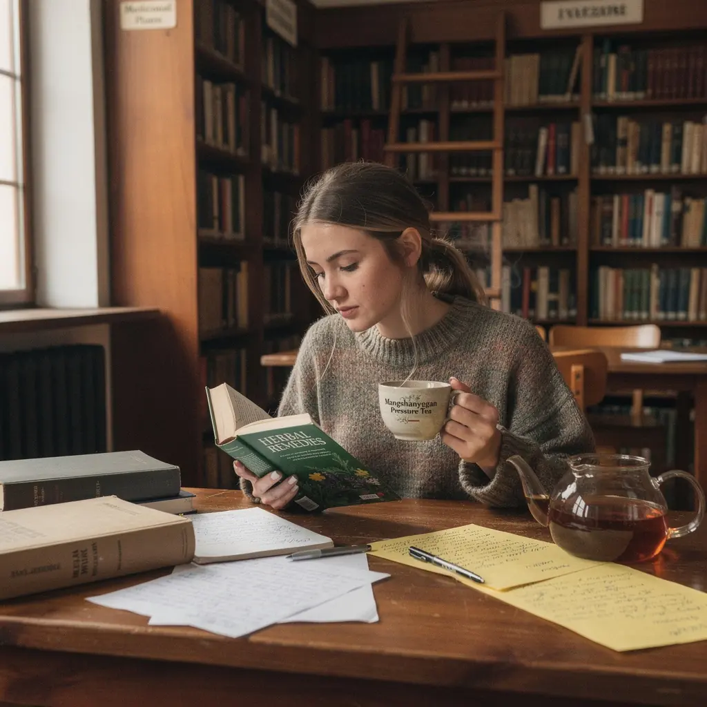 Puodelis šviežiai užplikytos Mangshanyegan arbatos, garuojantis ir kvapnus