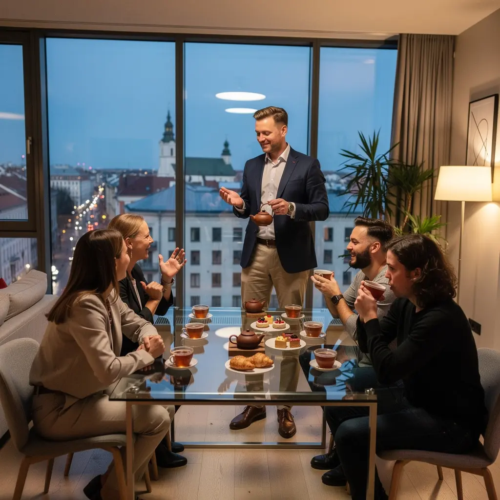 Puodelis šviežiai paruoštos Mangshanyegan arbatos, garuojantis ir kvapnus.